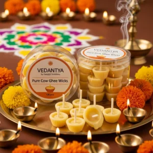 VEDANTYA Pure Cow Ghee Wicks – Pack of 2 (100 Wicks Per Pack)