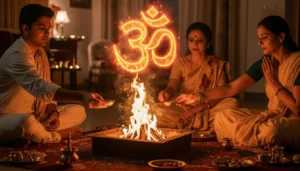 People chanting Om and Gayatri Mantra during havan ritual at home