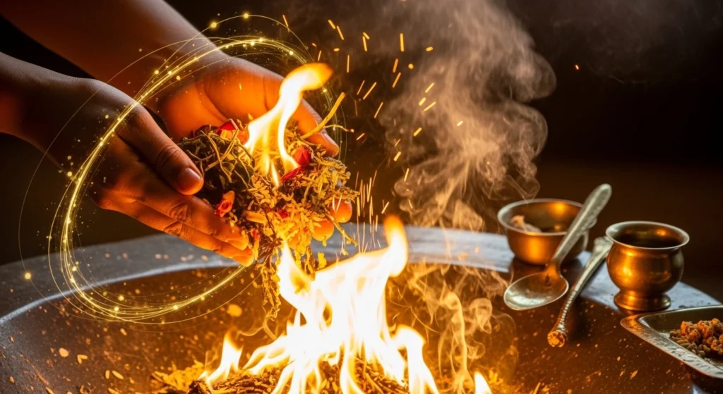 Lighting havan fire using camphor, wood, and ghee in traditional havan kund