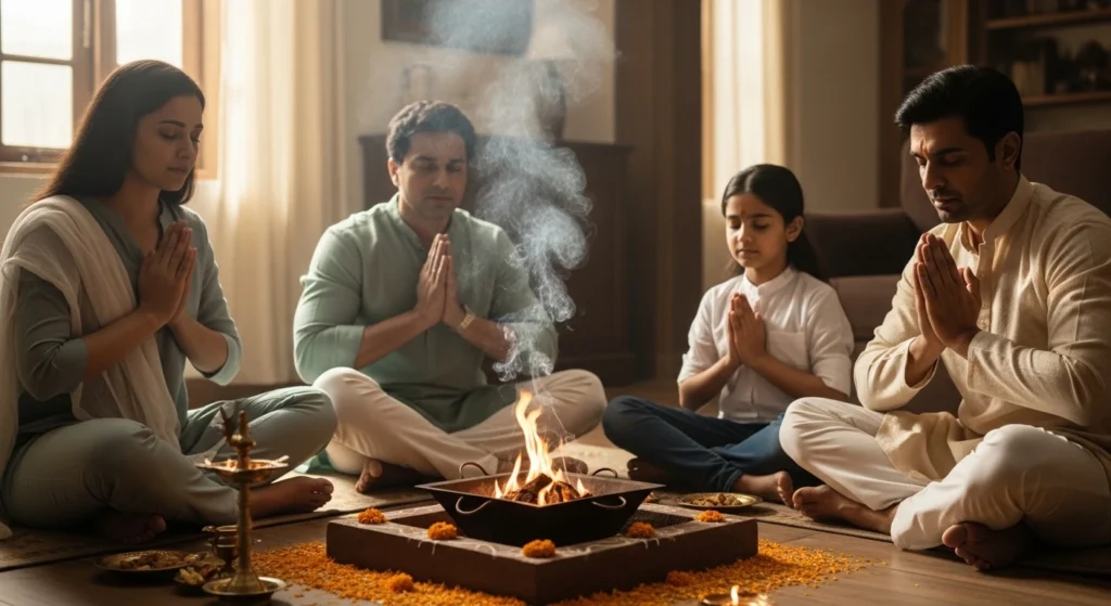 Hands offering havan samagri into fire while chanting Swaha in havan kund