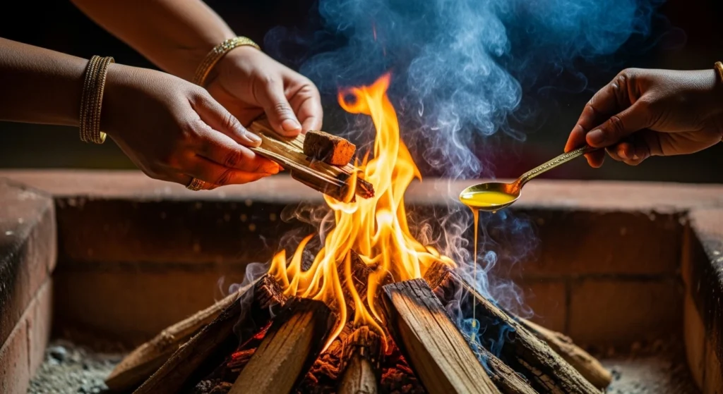 People chanting Om and Gayatri Mantra during havan ritual at home