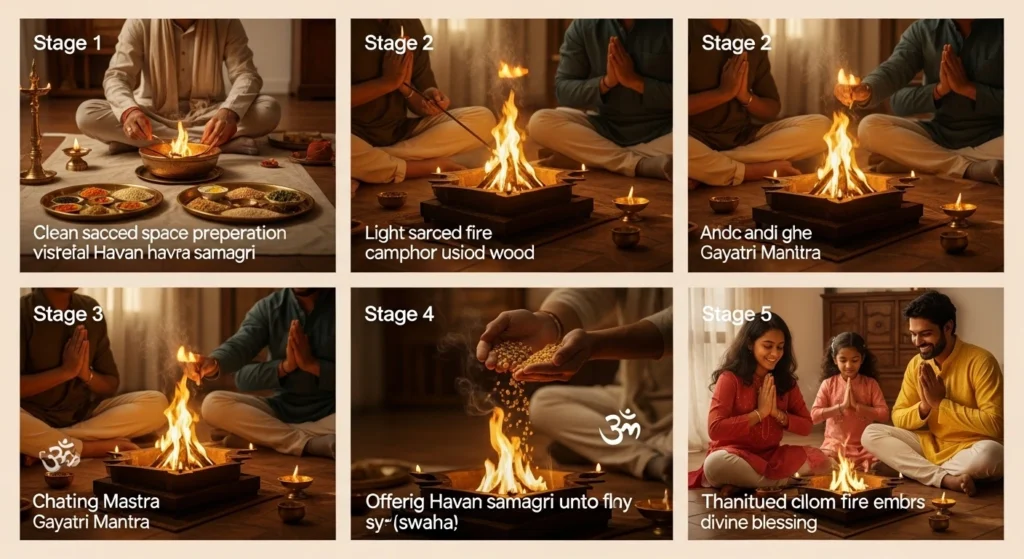 Step-by-step process of havan at home showing preparation, lighting fire, chanting mantras, offering havan samagri, and completing prayer