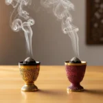 Loban cup and sambrani cup burning side by side with aromatic smoke showing differences and uses