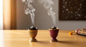 Loban cup and sambrani cup burning side by side with aromatic smoke showing differences and uses