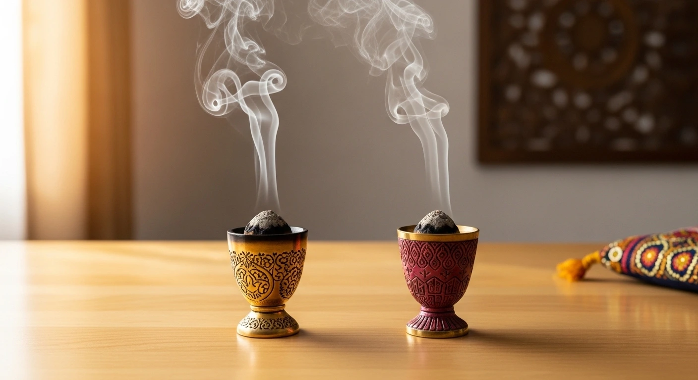 Loban cup and sambrani cup burning side by side with aromatic smoke showing differences and uses